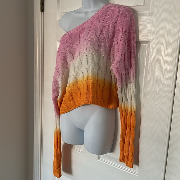 🩷🤍🧡 Sincerely Jules Cable Knit Cable Crop Sweater Pink White Orange L - Picture 3 of 5
